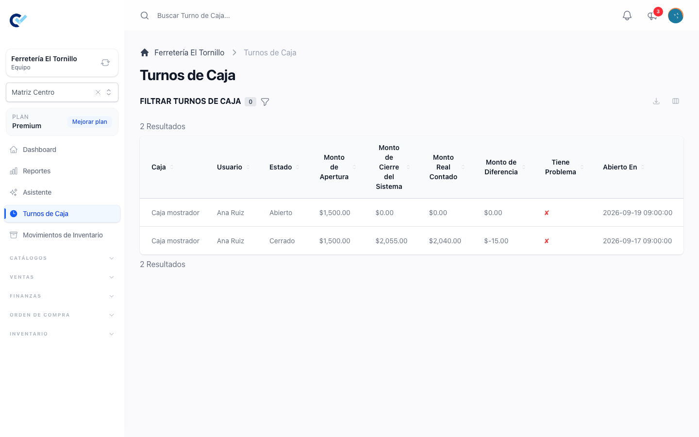 El listado de turnos, con uno abierto y uno cerrado