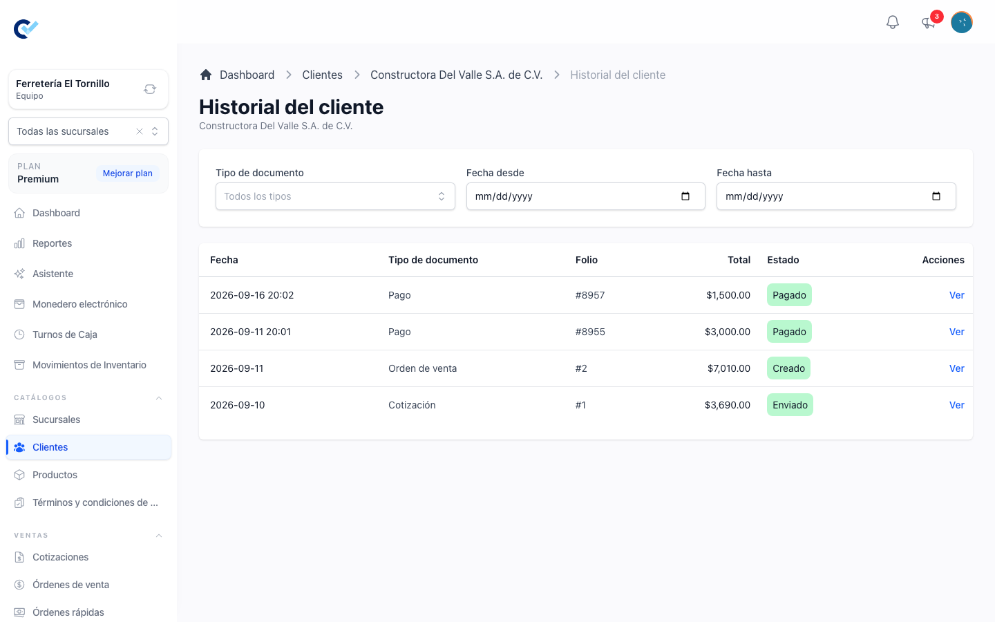 El historial del cliente, con todos sus documentos en una tabla