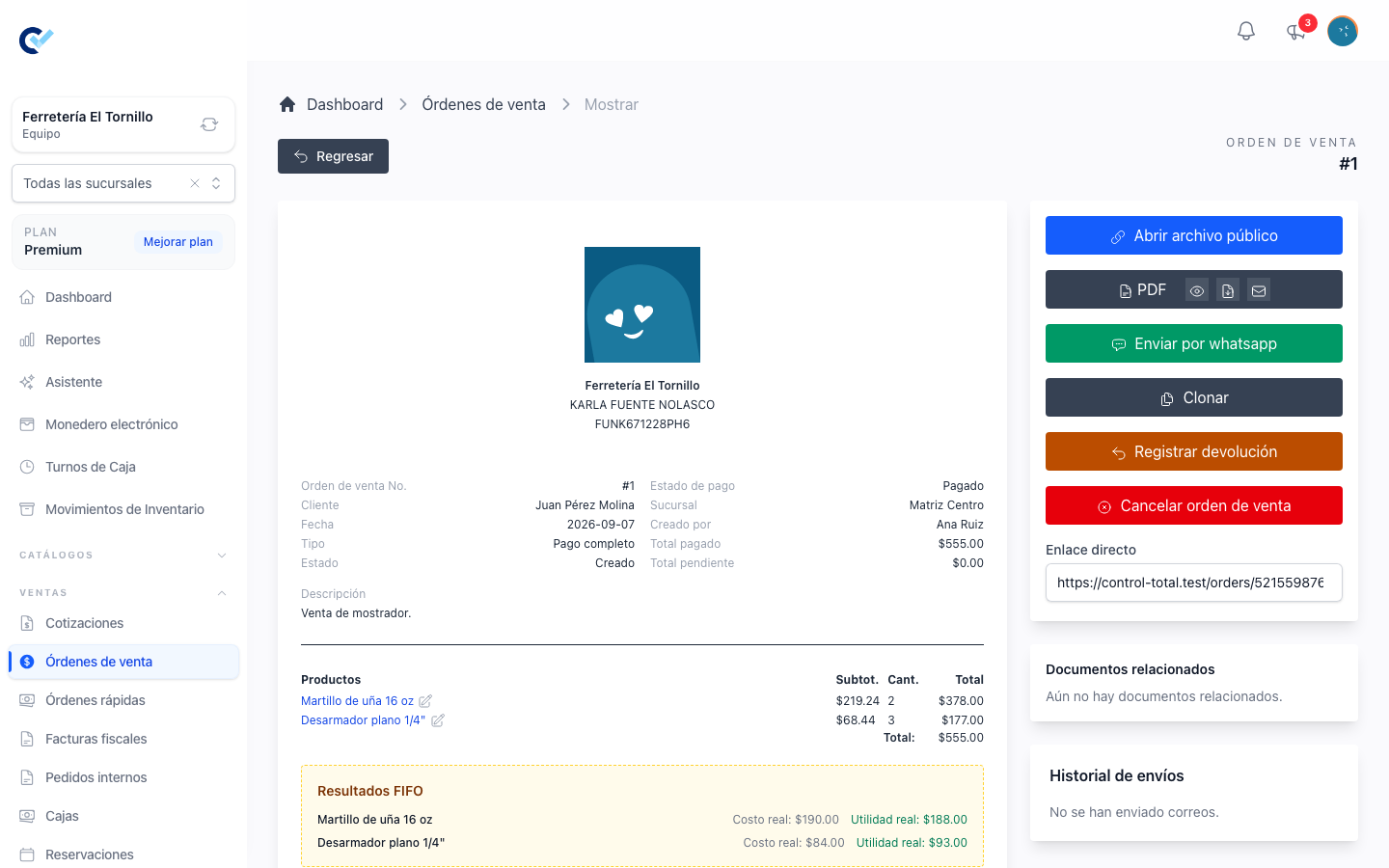 Una orden de venta terminada, con su costo FIFO y sus acciones