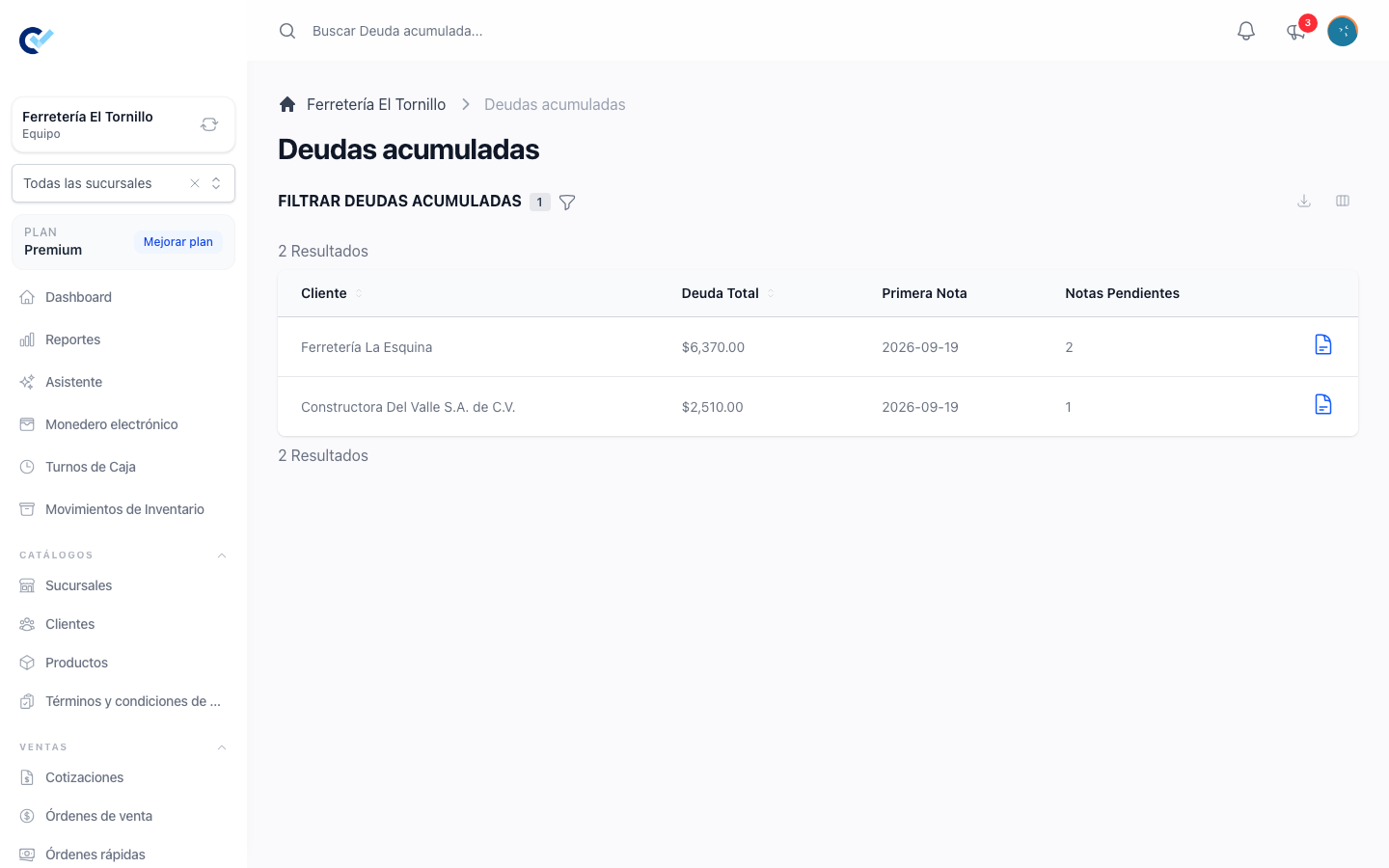 El listado de deuda acumulada