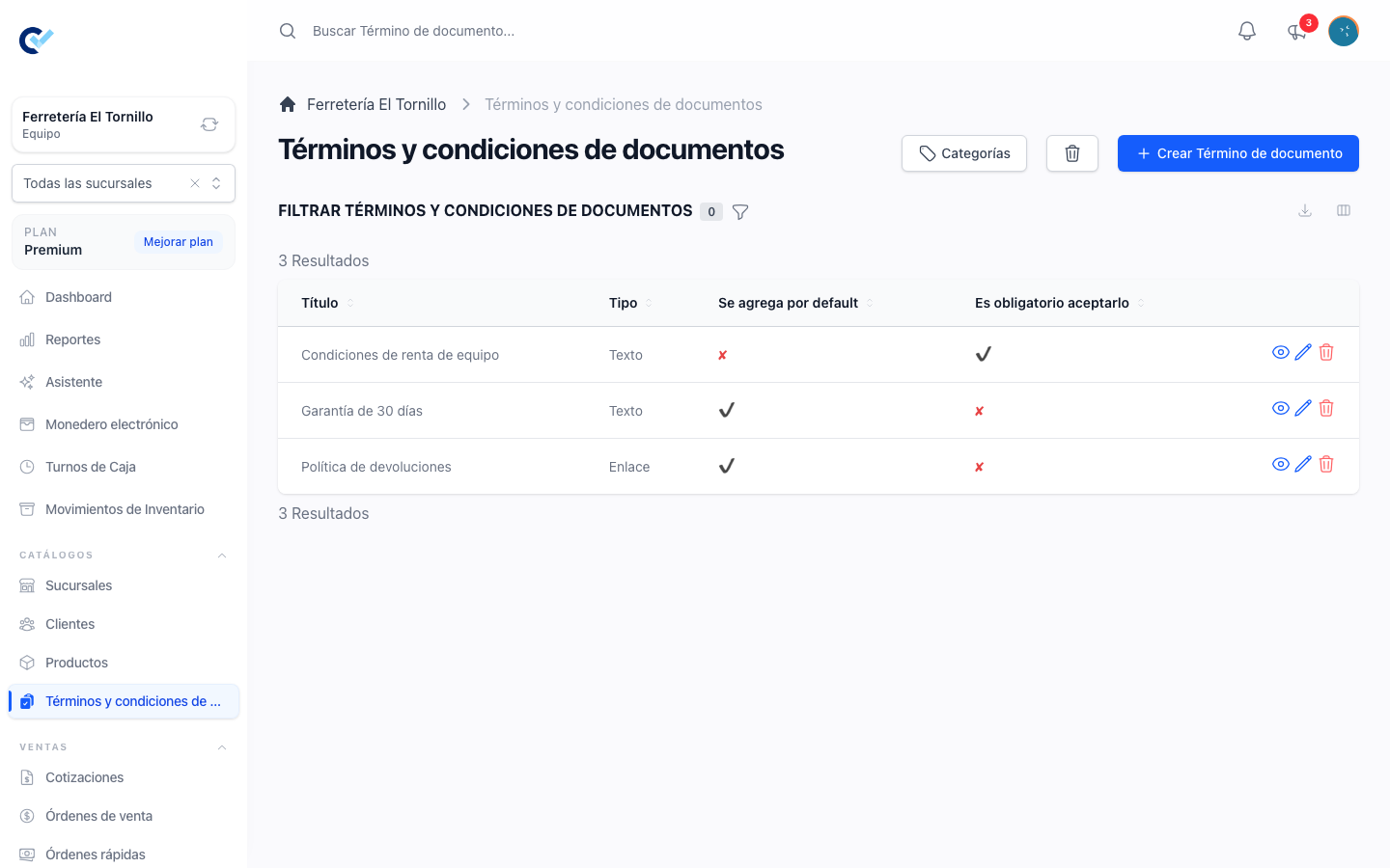 El catálogo de términos y condiciones