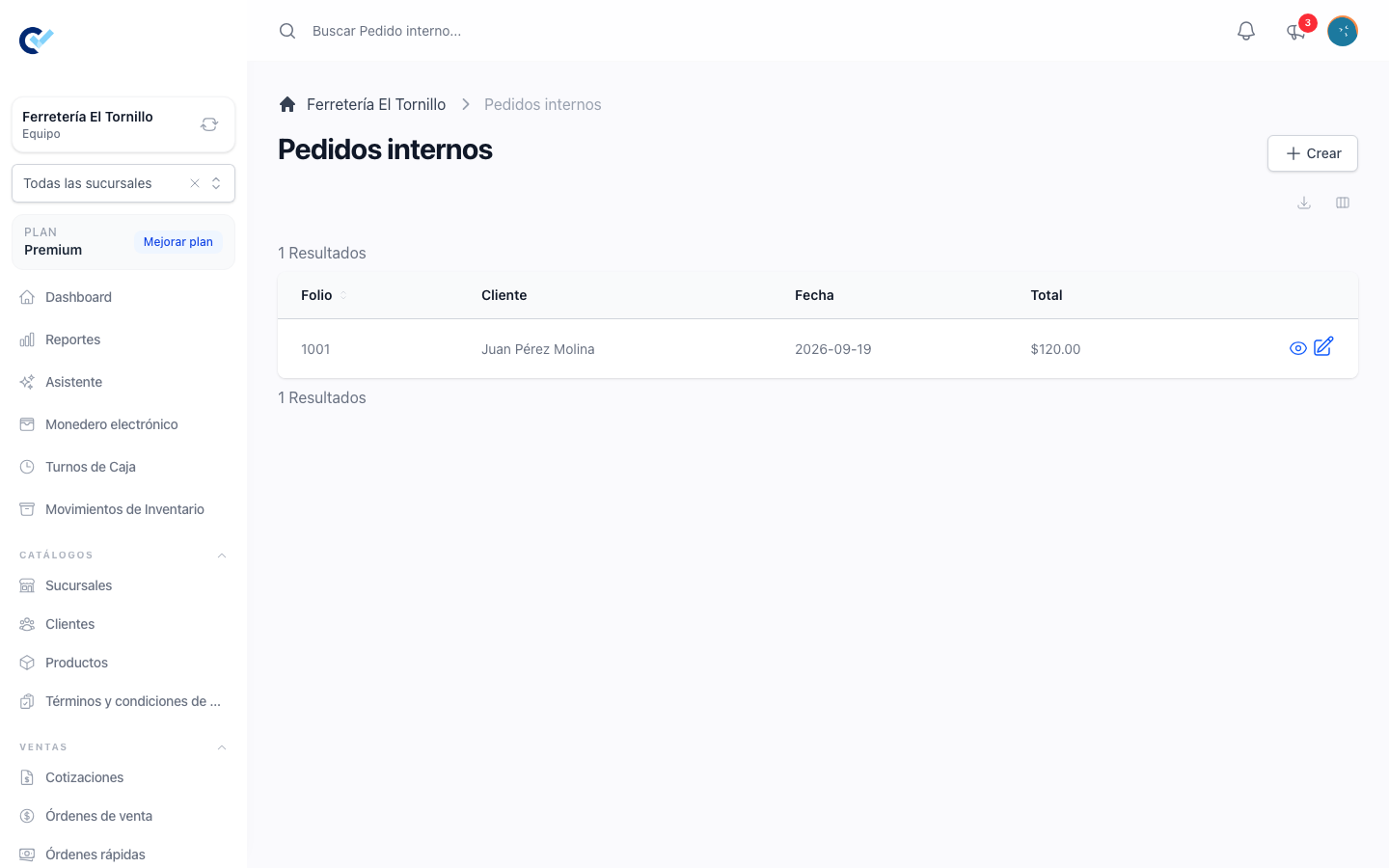 El listado de pedidos internos