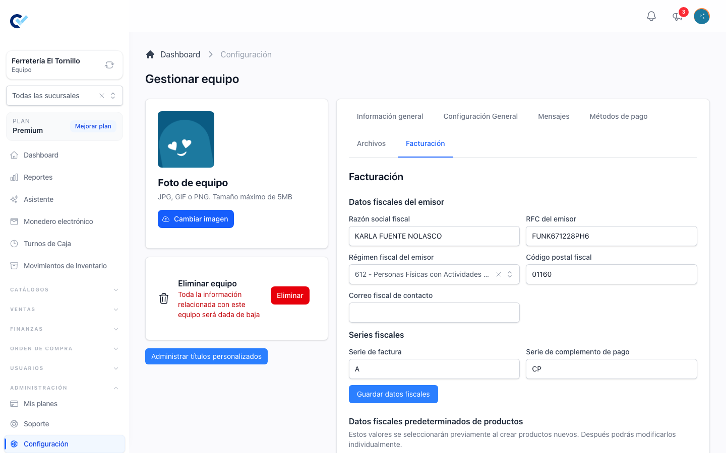 Los datos del emisor fiscal en la configuración