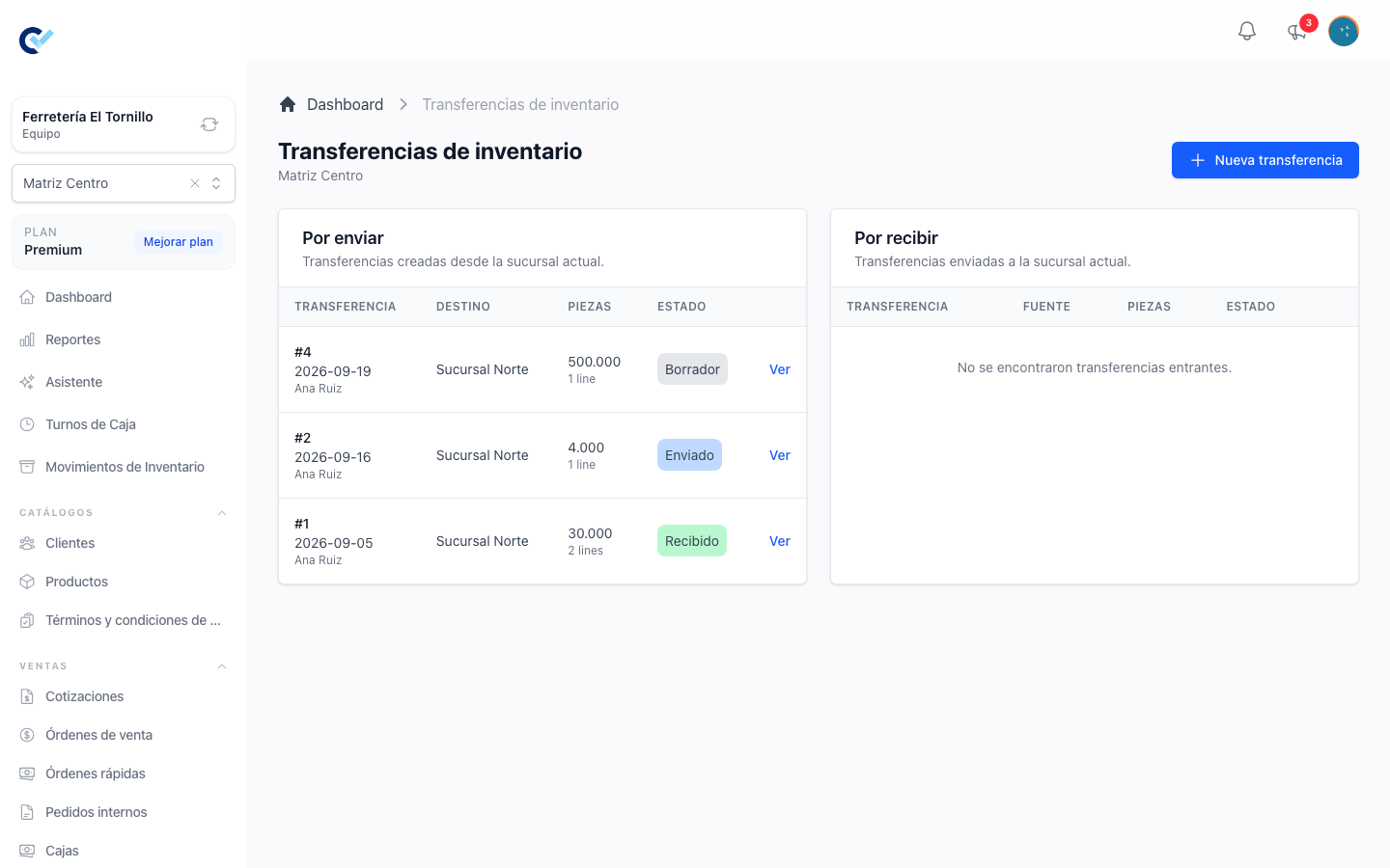 The transfers list, split into to send and to receive