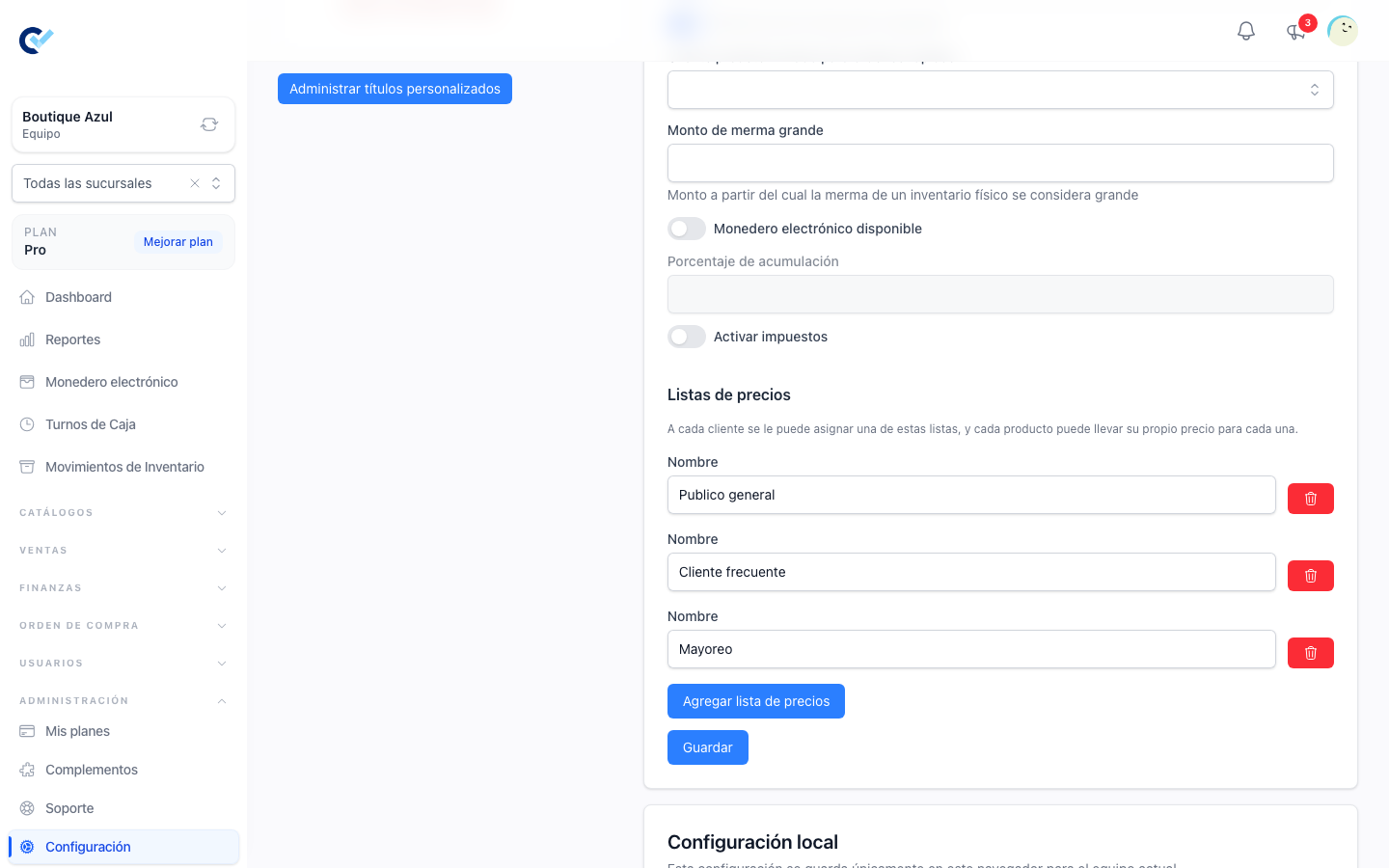 El bloque de listas de precios en la configuración general
