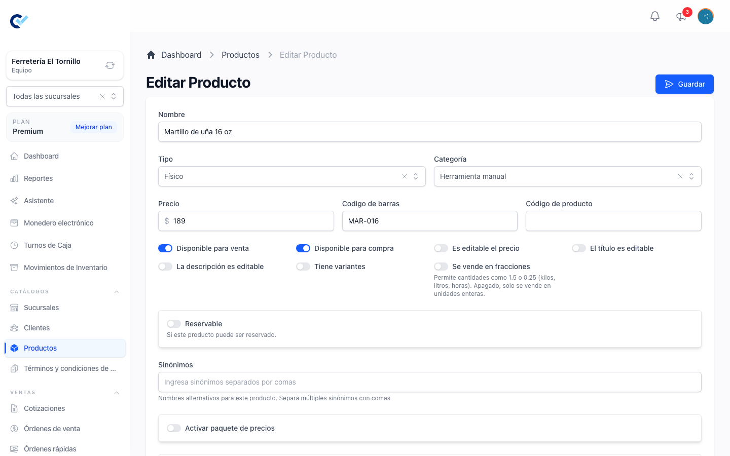 El formulario de producto