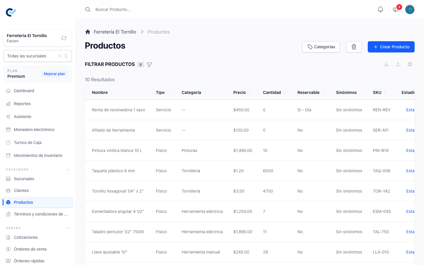 El listado de productos con su stock