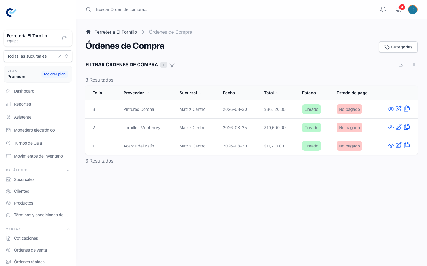 El listado de órdenes de compra