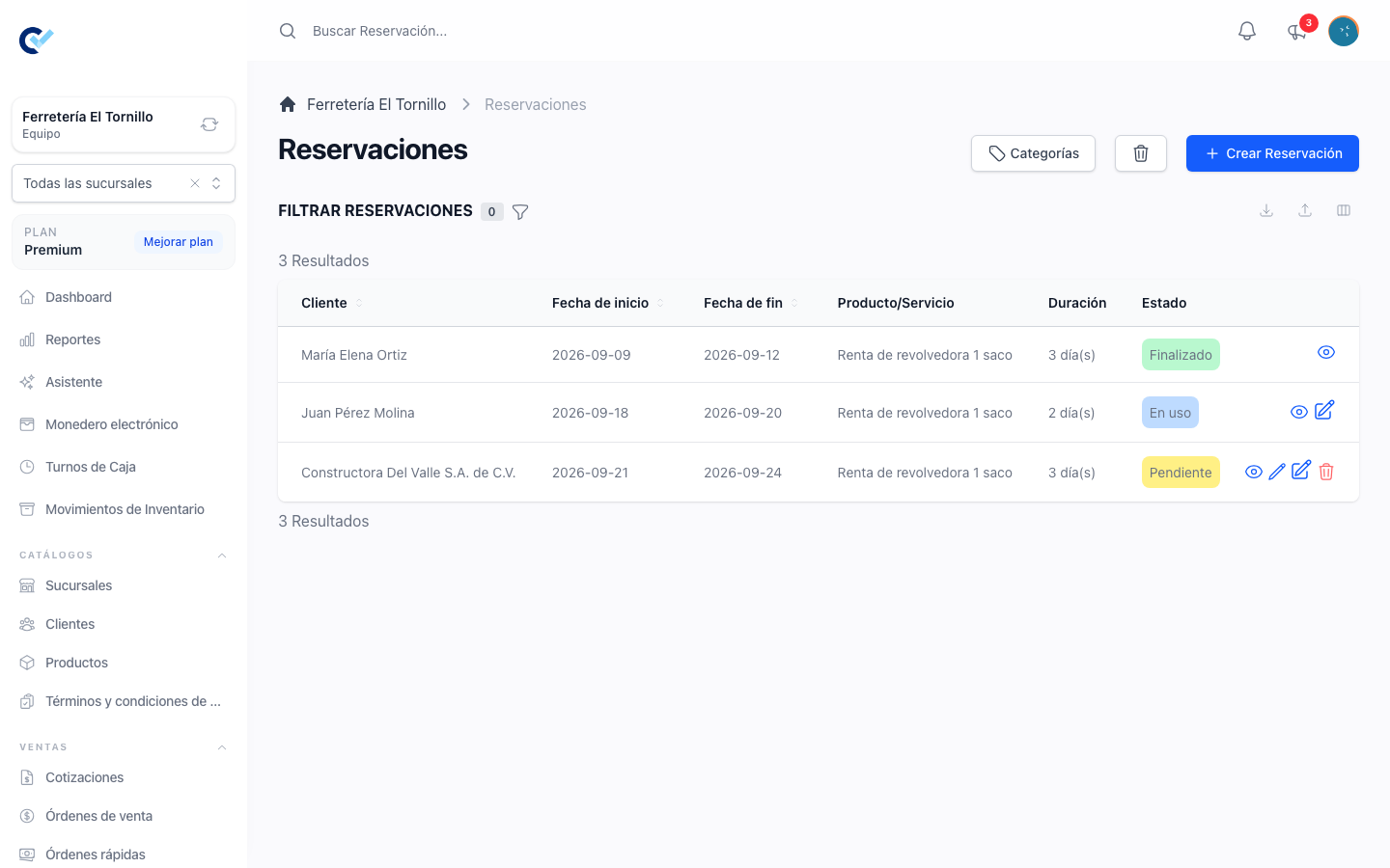 El listado de reservaciones, con los tres estados