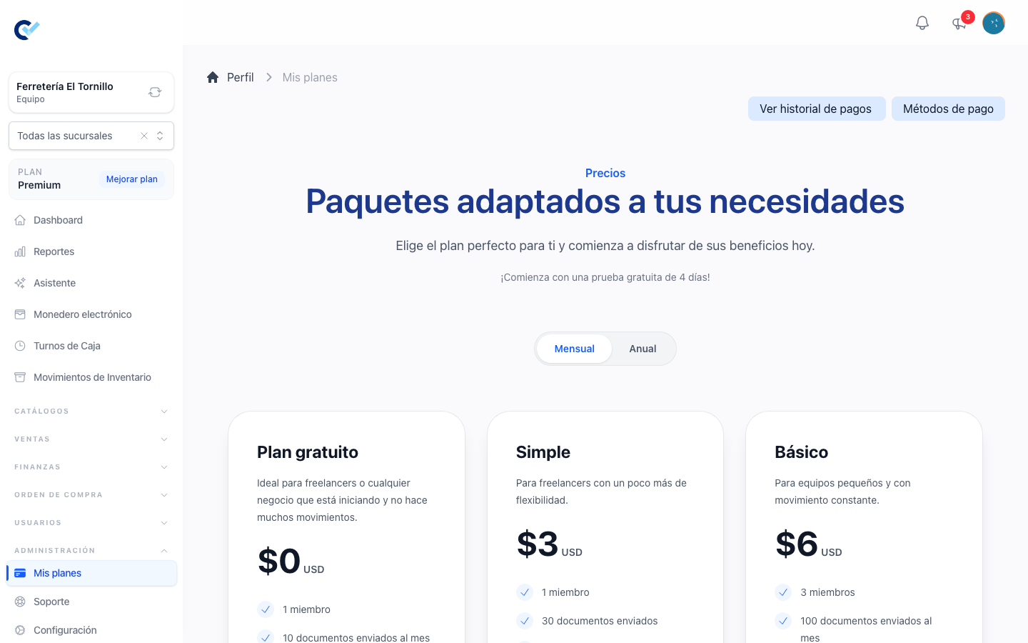 La pantalla de planes